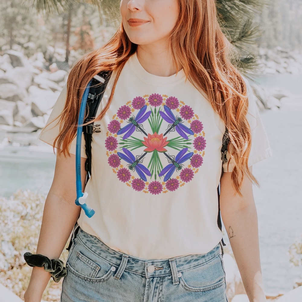 Dragonflies Circling a Lotus Mandala Tee